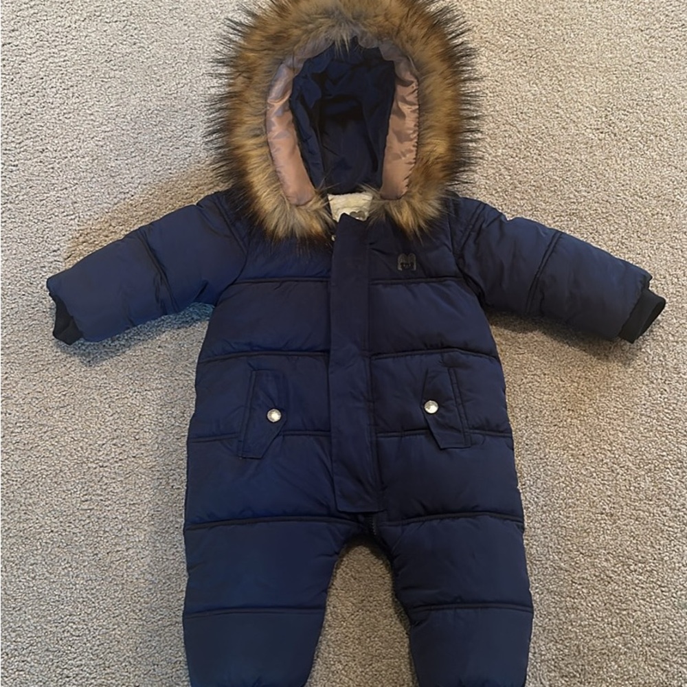 Navy Blue Baby Snowsuit with Fur Hood